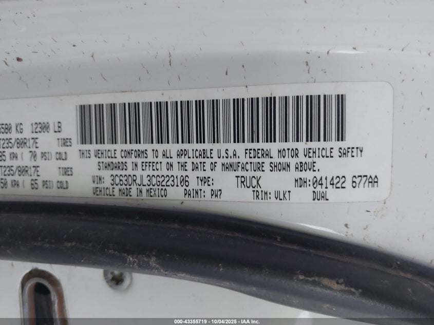 2012 Ram 3500 Laramie VIN: 3C63DRJL3CG223106 Lot: 43355719