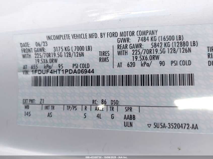2023 Ford F-450 Chassis Xl VIN: 1FDUF4HT1PDA06944 Lot: 43355730