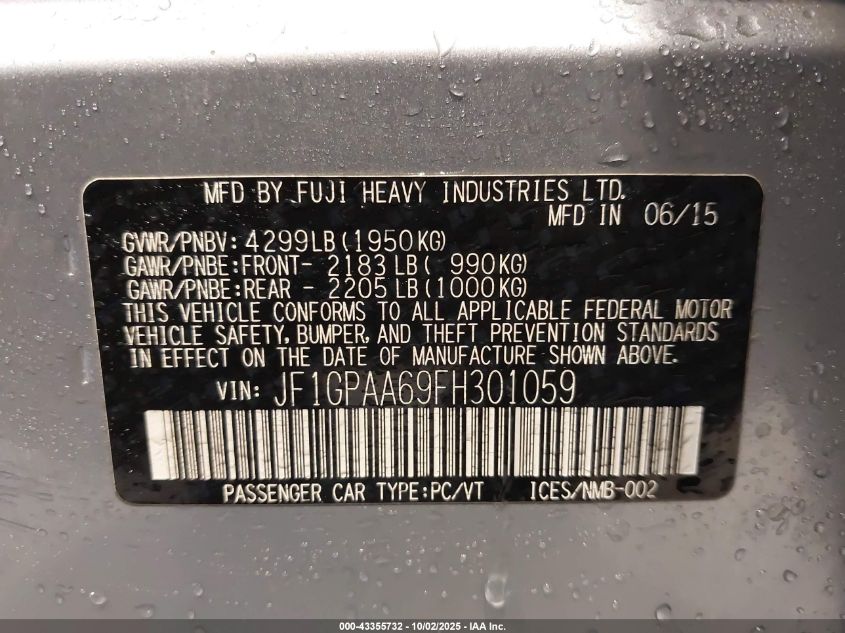 2015 Subaru Impreza VIN: JF1GPAA69FH301059 Lot: 43355732