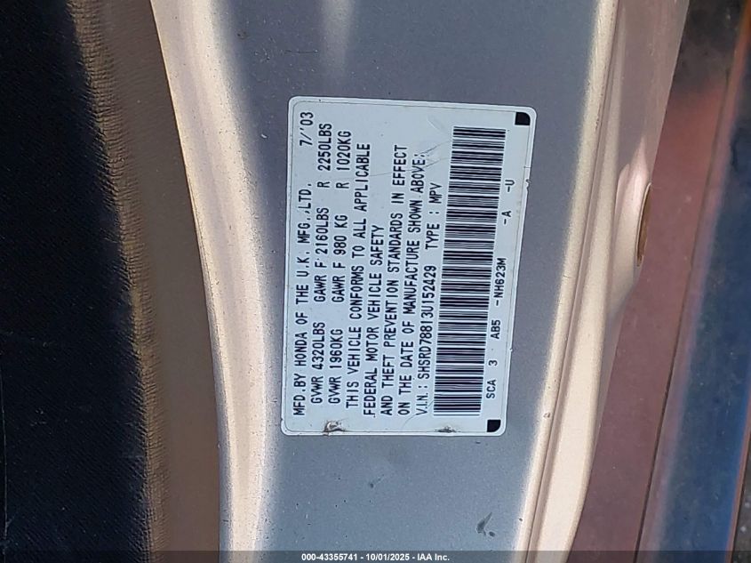 2003 Honda Cr-V Ex VIN: SHSRD78813U152429 Lot: 43355741