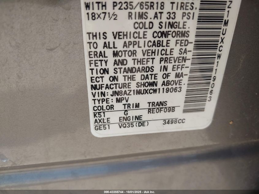 2012 Nissan Murano Sv VIN: JN8AZ1MUXCW119063 Lot: 43355744