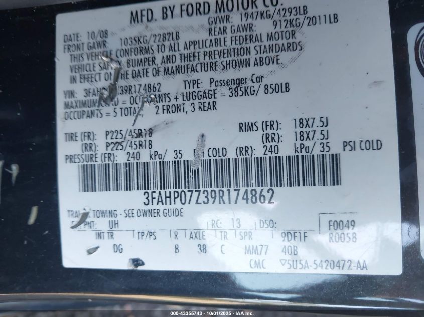 2009 Ford Fusion Se VIN: 3FAHP07Z39R174862 Lot: 43355743