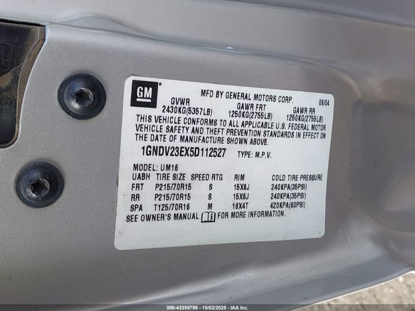 2005 Chevrolet Venture Ls VIN: 1GNDV23EX5D112527 Lot: 43355756