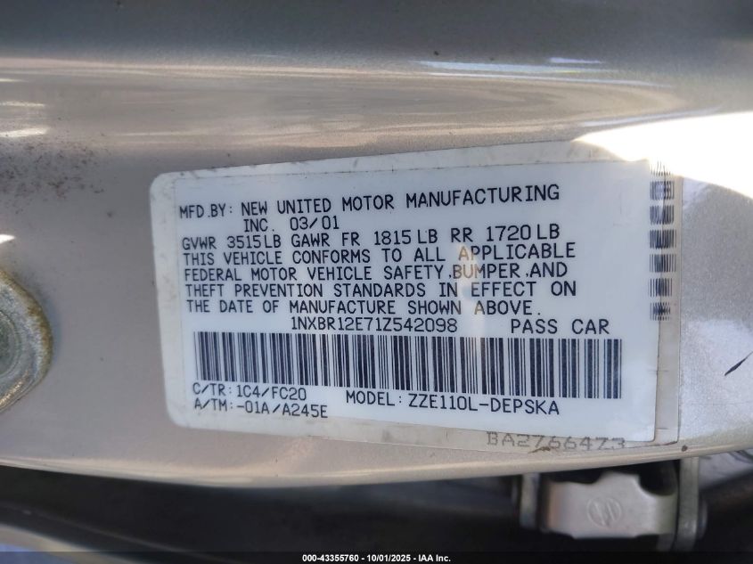 2001 Toyota Corolla S VIN: 1NXBR12E71Z542098 Lot: 43355760