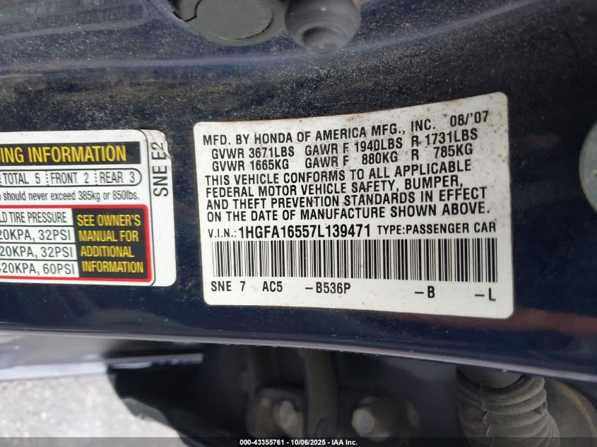 2007 Honda Civic Lx VIN: 1HGFA16557L139471 Lot: 43355761