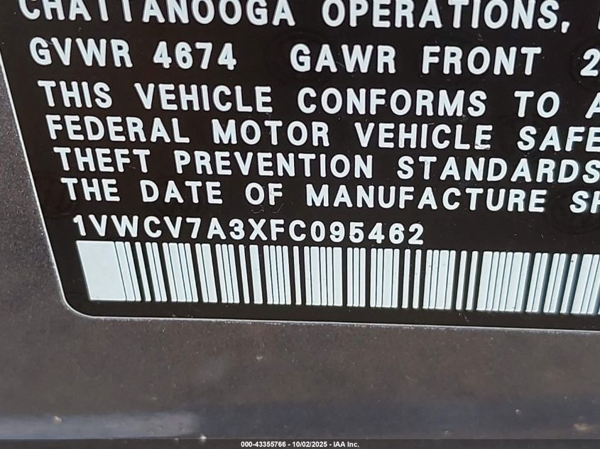 2015 Volkswagen Passat 2.0L Tdi Sel Premium VIN: 1VWCV7A3XFC095462 Lot: 43355766