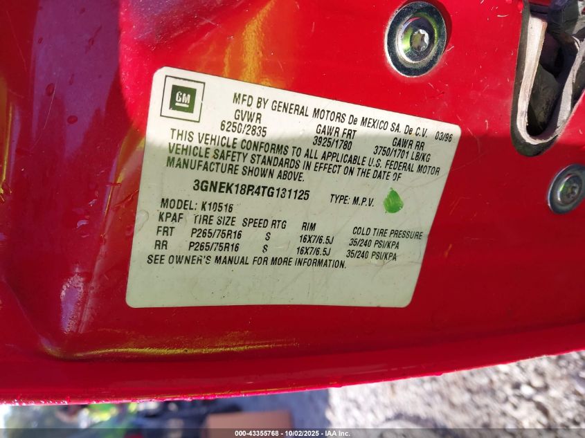 1996 Chevrolet Tahoe K1500 VIN: 3GNEK18R4TG131125 Lot: 43355768