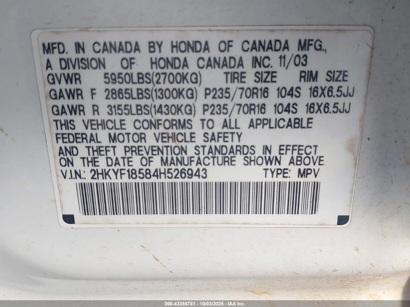 2004 Honda Pilot Ex-L VIN: 2HKYF18584H526943 Lot: 43355781