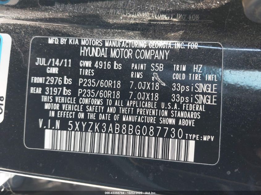 2011 Hyundai Santa Fe Limited VIN: 5XYZK3AB8BG087730 Lot: 43355784