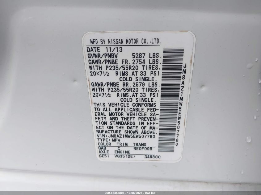 2014 Nissan Murano Le VIN: JN8AZ1MW5EW507760 Lot: 43355806