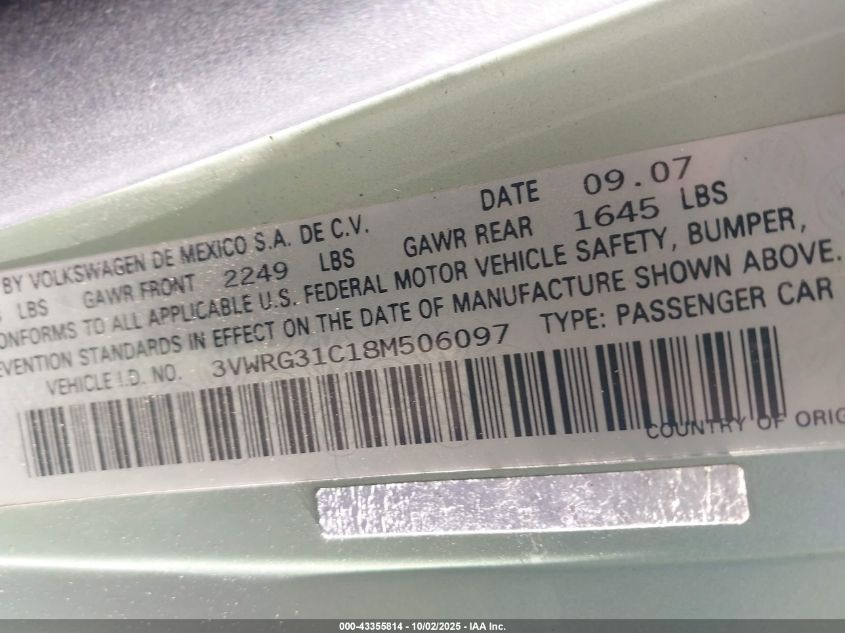 2008 Volkswagen New Beetle S/Se VIN: 3VWRG31C18M506097 Lot: 43355814