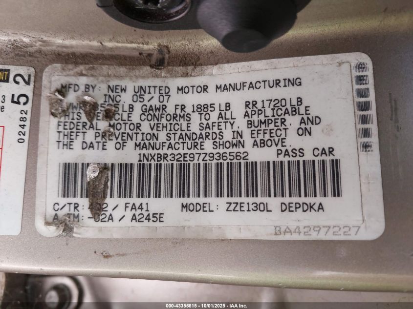 2007 Toyota Corolla Ce VIN: 1NXBR32E97Z936562 Lot: 43355815