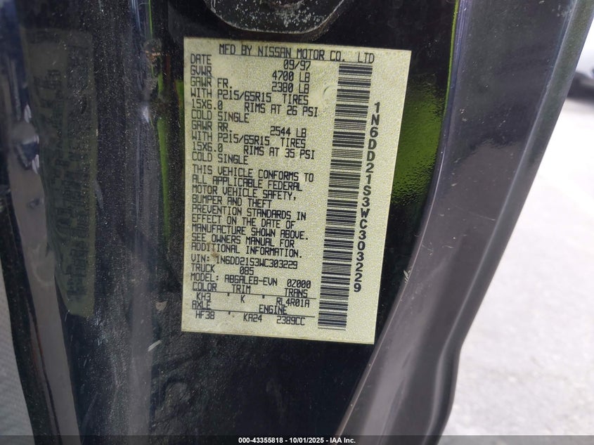 1998 Nissan Frontier Standard/Xe VIN: 1N6DD21S3WC303229 Lot: 43355818