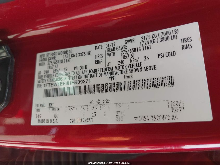 2017 Ford F-150 Xlt VIN: 1FTEW1EF4HFB09271 Lot: 43355826