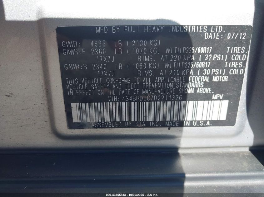 2013 Subaru Outback 3.6R Limited VIN: 4S4BRDLC7D2211326 Lot: 43355833