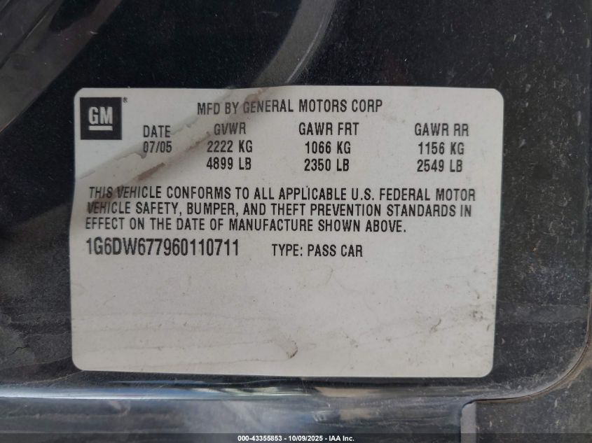 2006 Cadillac Sts V6 VIN: 1G6DW677960110711 Lot: 43355853