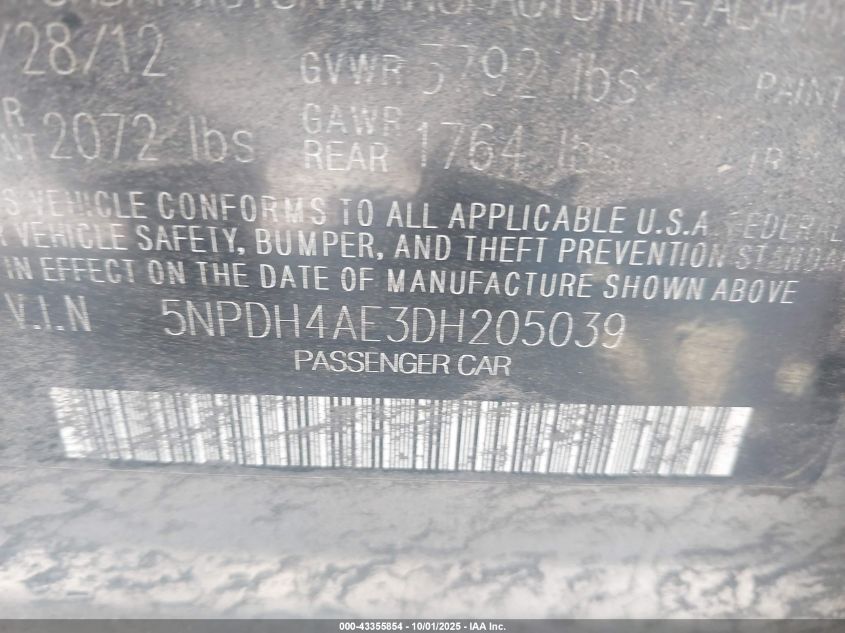 2013 Hyundai Elantra Gls VIN: 5NPDH4AE3DH205039 Lot: 43355854