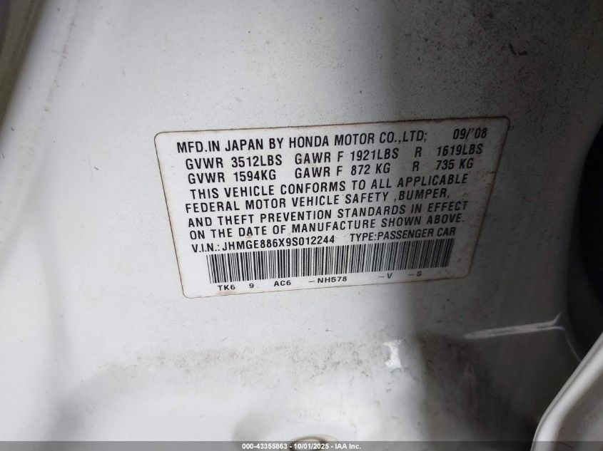 2009 Honda Fit Sport VIN: JHMGE886X9S012244 Lot: 43355863