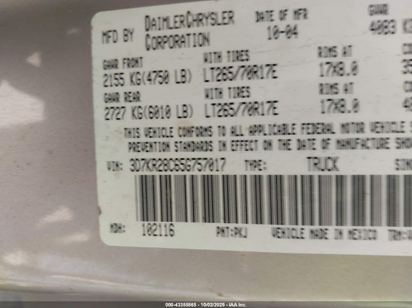 2005 Dodge Ram 2500 Slt/Laramie VIN: 3D7KR28C65G757017 Lot: 43355865