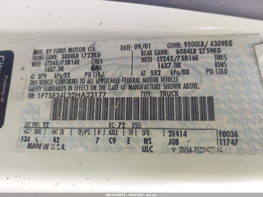 2002 Ford E-350 Super Duty Commercial/Recreational VIN: 1FTSE34L32HA23177 Lot: 43355878