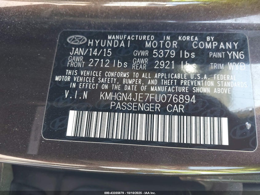 2015 Hyundai Genesis 3.8 VIN: KMHGN4JE7FU076894 Lot: 43355879