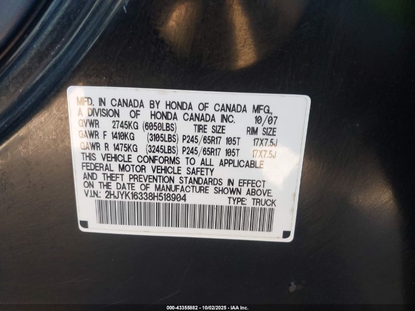 2008 Honda Ridgeline Rtx VIN: 2HJYK16338H518904 Lot: 43355882