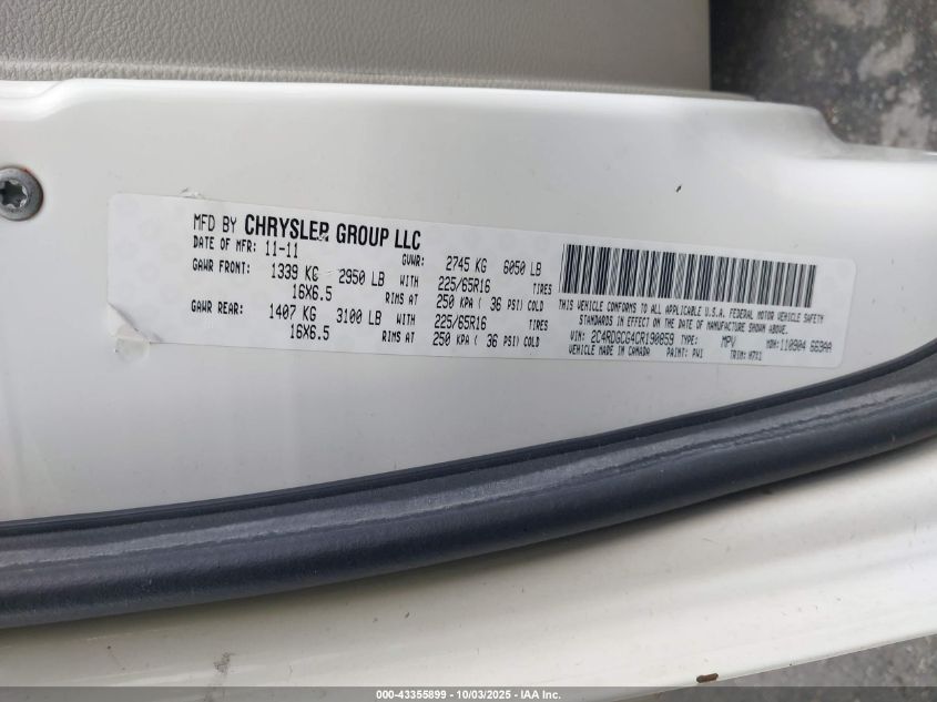 2012 Dodge Grand Caravan Sxt VIN: 2C4RDGCG4CR190859 Lot: 43355899