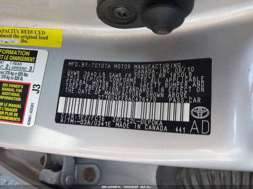 2010 Toyota Corolla Le VIN: 2T1BU4EE6AC426470 Lot: 43355910