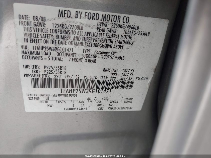 2009 Ford Taurus Limited VIN: 1FAHP25W39G101471 Lot: 43355915