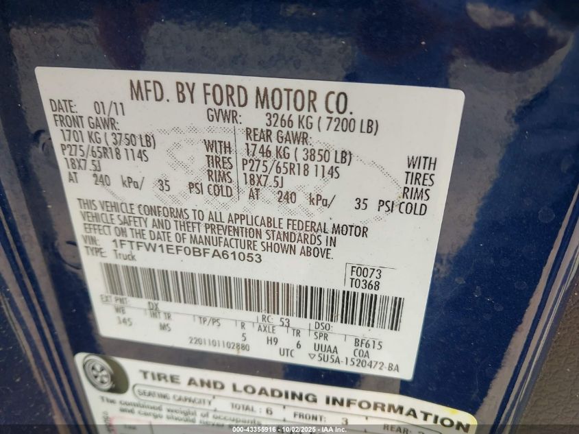 2011 Ford F-150 Xlt VIN: 1FTFW1EF0BFA61053 Lot: 43355916