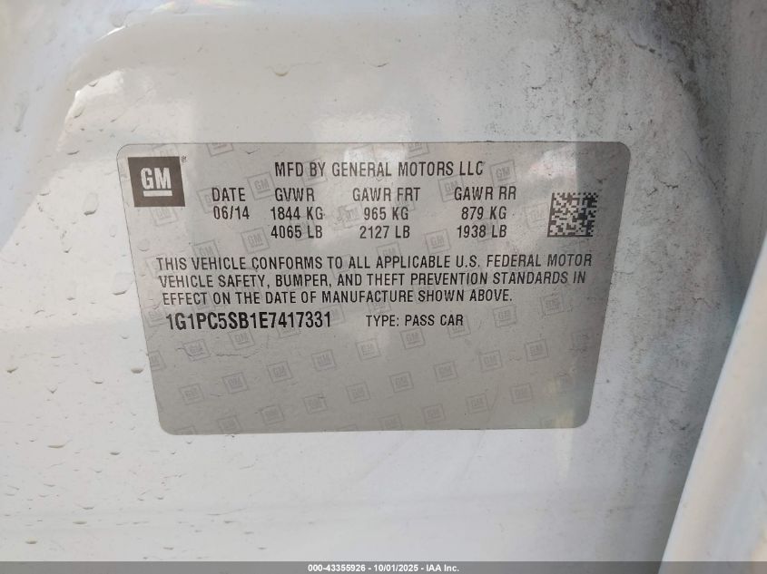 2014 Chevrolet Cruze 1Lt Auto VIN: 1G1PC5SB1E7417331 Lot: 43355926
