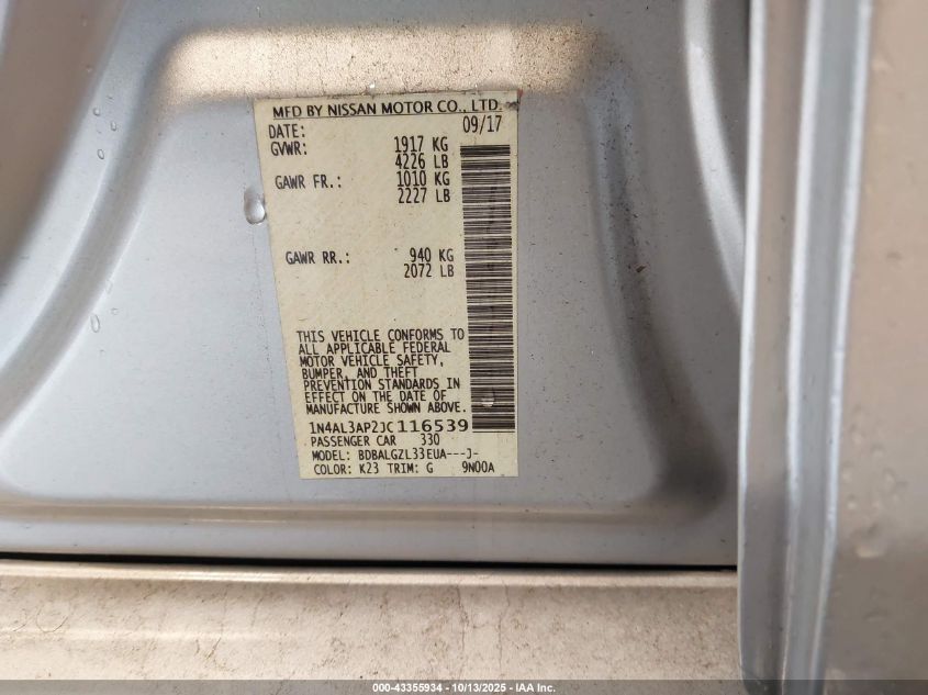 2018 Nissan Altima 2.5 S VIN: 1N4AL3AP2JC116539 Lot: 43355934