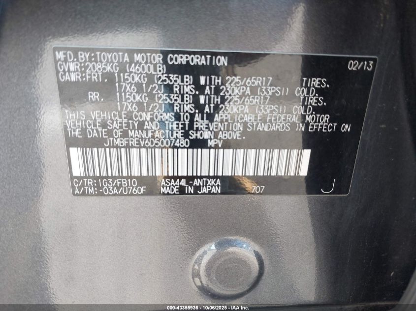 2013 Toyota Rav4 Le VIN: JTMBFREV6D5007480 Lot: 43355936