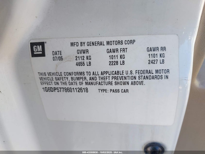 2006 Cadillac Cts Hi Feature V6 VIN: 1G6DP577860112618 Lot: 43355938