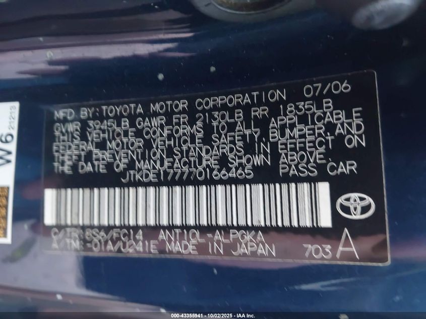 2007 Scion Tc VIN: JTKDE177770166465 Lot: 43355941