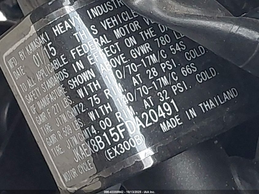 2015 Kawasaki Ex300 B VIN: JKAEX8B15FDA20491 Lot: 43355942