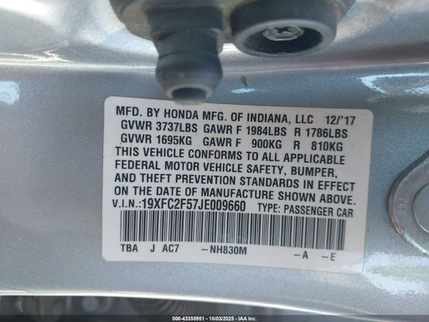 2018 Honda Civic Lx VIN: 19XFC2F57JE009660 Lot: 43355951