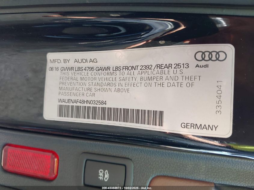 2017 Audi A4 2.0T Premium VIN: WAUENAF48HN032584 Lot: 43355973