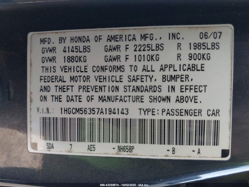 2007 Honda Accord 2.4 Se VIN: 1HGCM56357A194143 Lot: 43355974