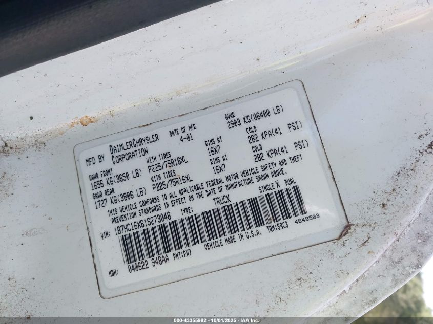 2001 Dodge Ram 1500 St/Ws VIN: 1B7HC16X61S273048 Lot: 43355982