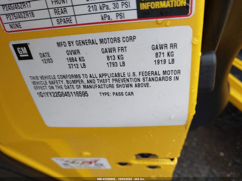 2004 Chevrolet Corvette VIN: 1G1YY22G645116595 Lot: 43355995