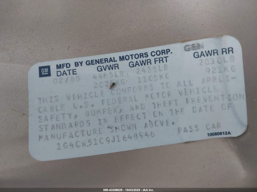 1988 Buick Electra Park Avenue VIN: 1G4CW51C9J1648946 Lot: 43356029