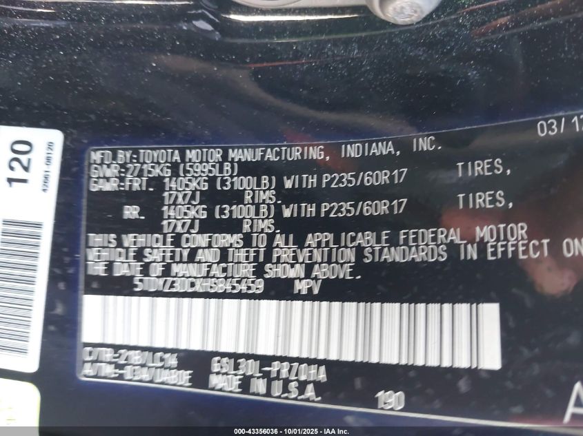 2017 Toyota Sienna Xle Premium 8 Passenger VIN: 5TDYZ3DCXHS845459 Lot: 43356036