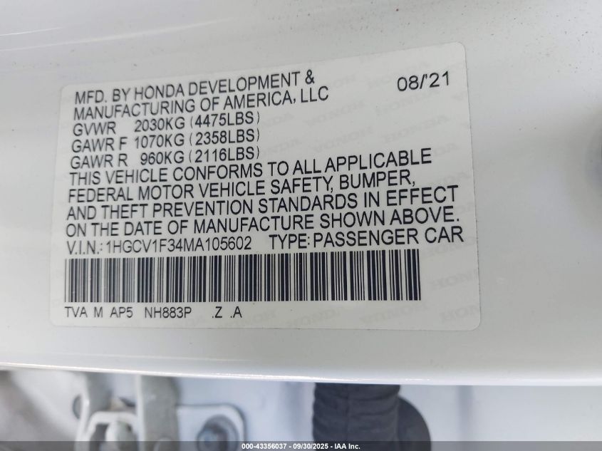 2021 Honda Accord Sport VIN: 1HGCV1F34MA105602 Lot: 43356037