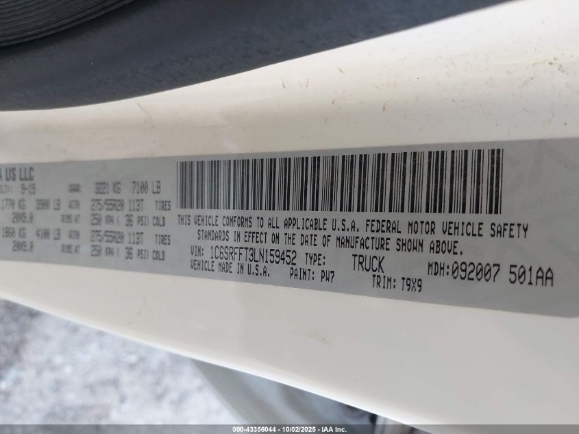 2020 Ram 1500 Big Horn 4X4 5'7 Box VIN: 1C6SRFFT3LN159452 Lot: 43356044