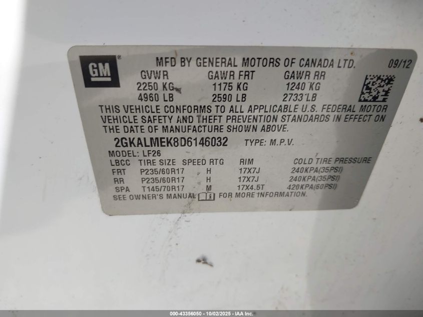 2013 GMC Terrain Sle-1 VIN: 2GKALMEK8D6146032 Lot: 43356050