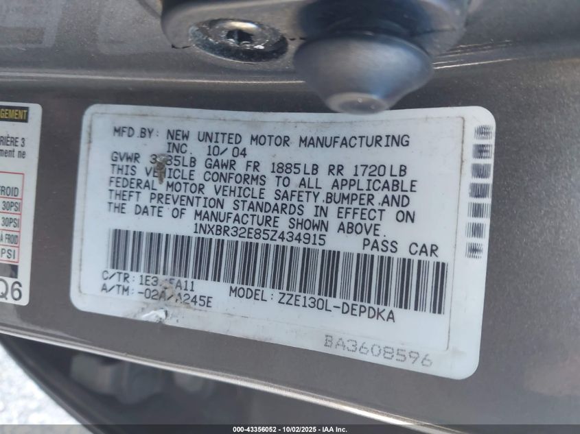 2005 Toyota Corolla Ce VIN: 1NXBR32E85Z434915 Lot: 43356052