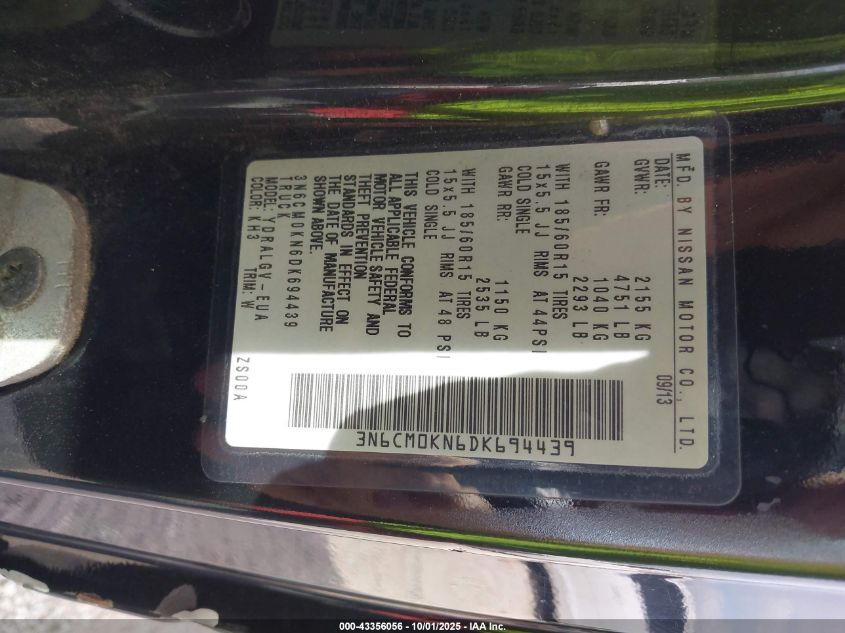 2013 Nissan Nv200 Sv VIN: 3N6CM0KN6DK694439 Lot: 43356056