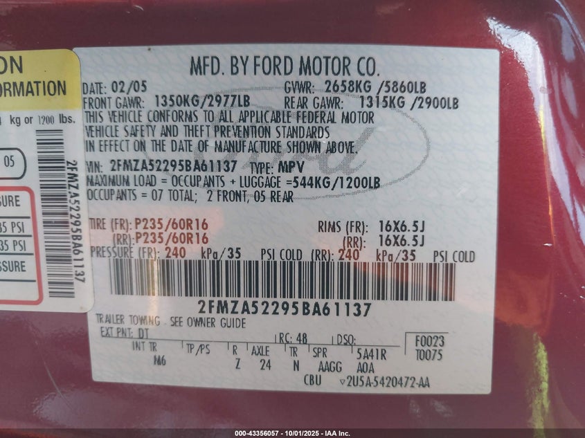 2005 Ford Freestar Sel VIN: 2FMZA52295BA61137 Lot: 43356057