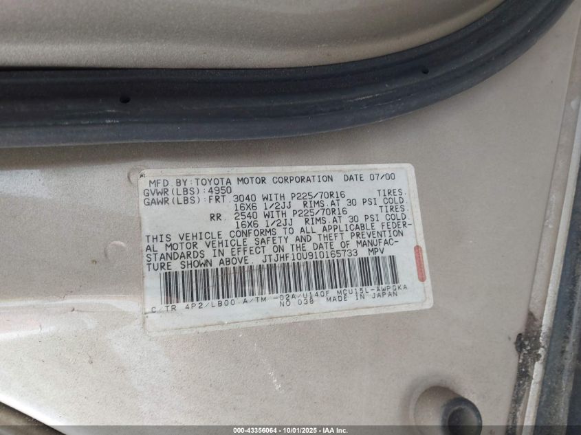 2001 Lexus Rx 300 VIN: JTJHF10U910165733 Lot: 43356064